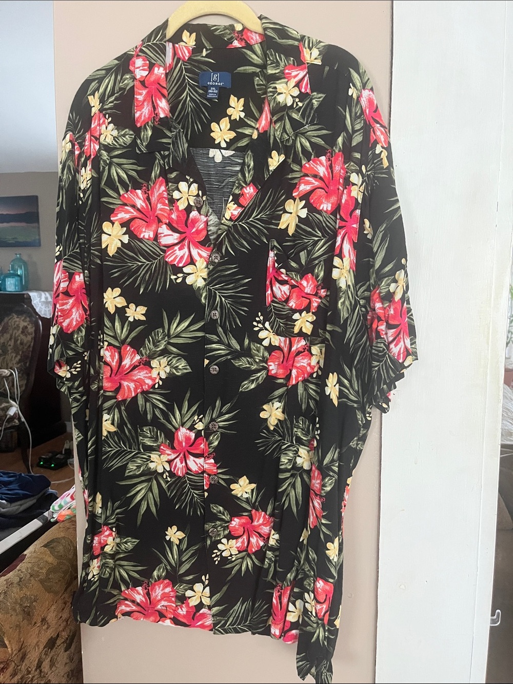 George Black Tropical Button-Down Shirt with Red and Yellow Floral Print
